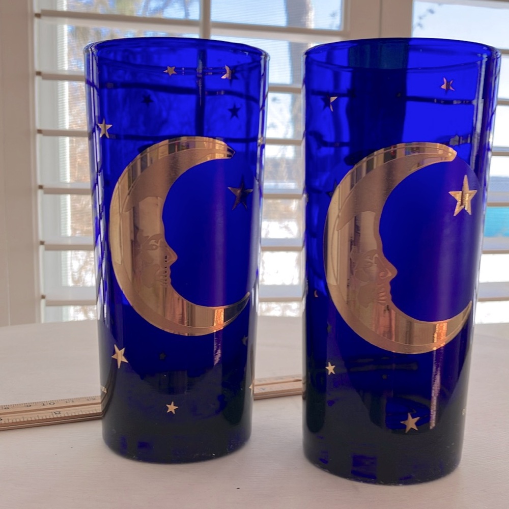 22k Gold Culver Celestial Moon & Stars Cobalt Blue Glass Tumblers